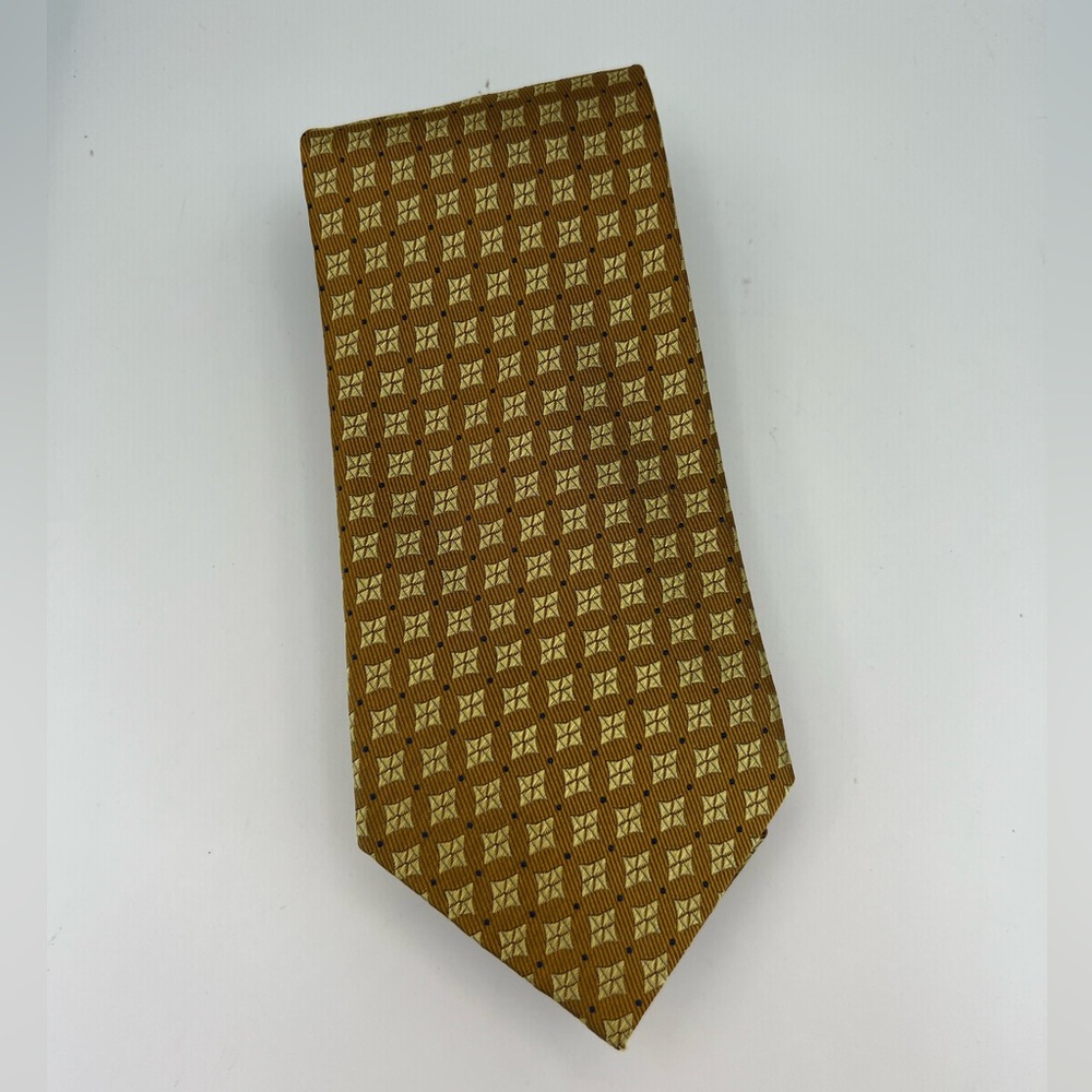 Brothers Ltd. Silk Neck Tie Yellow Gold Blue Design Vintage Geometric Business